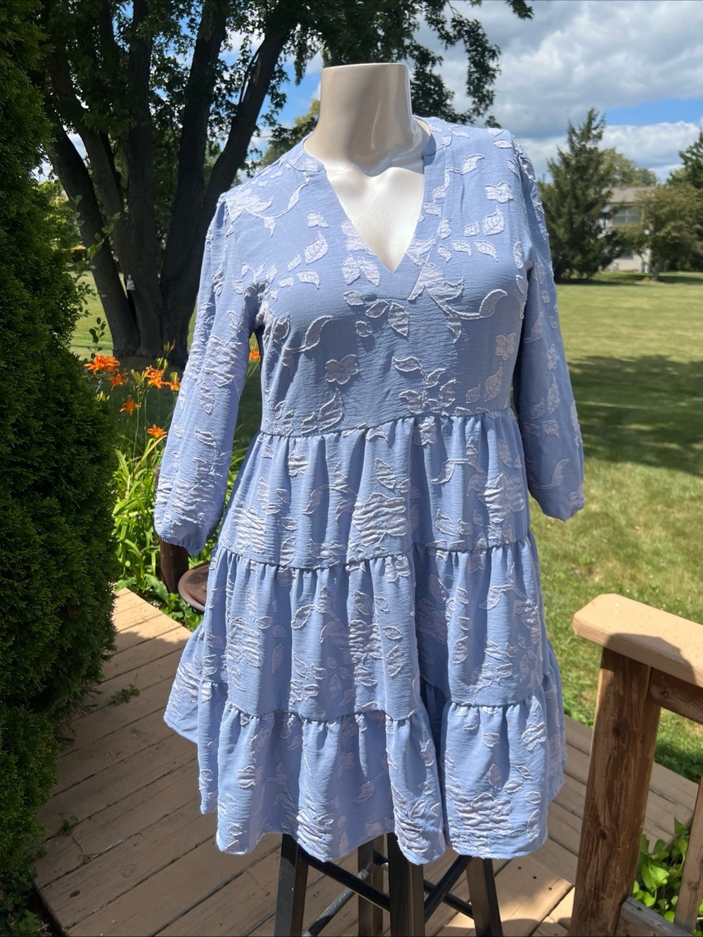 Joie Baby Blue Floral Tiered  Dress Boho Long 3/4 Sleeve  Large Floral Appliqué